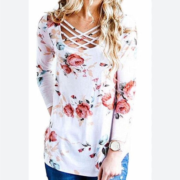 SONOMA White Florsl Criss Cross Neckline Blouse Size XL NWOT - Picture 1 of 7